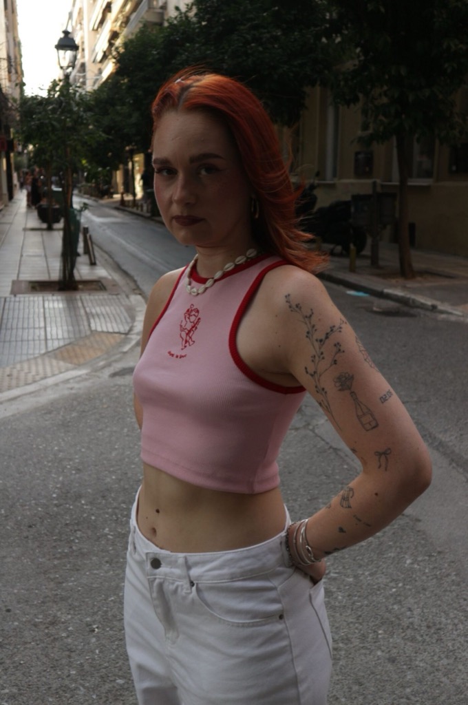Drunk in Love pink ribbed tank top styled view